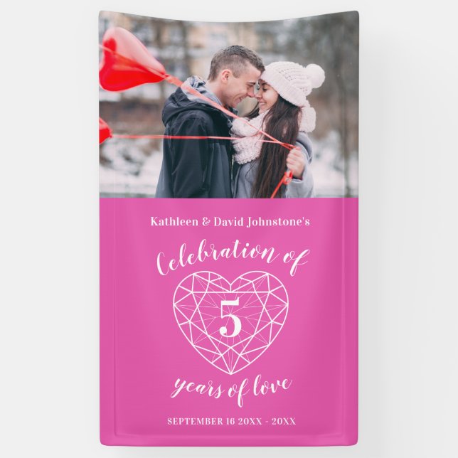 Banderoles 5e anniversaire coeur rose photo personnalisée (Vertical)