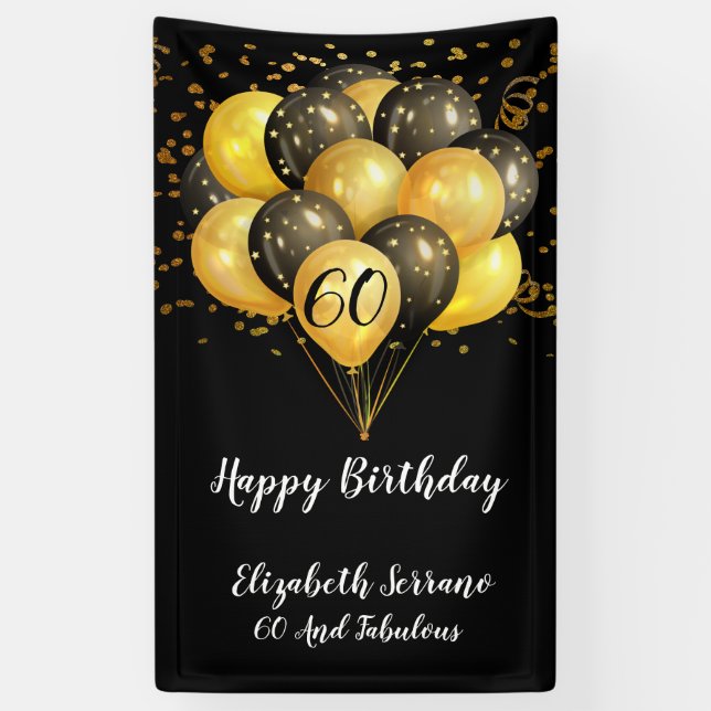 Banderoles 60e anniversaire Black Gold Parties scintillant (Vertical)