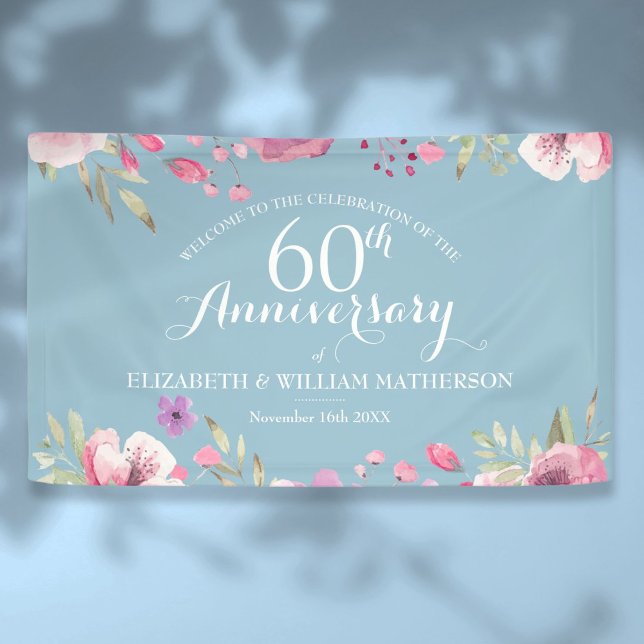 Banderoles 60e anniversaire de Mariage Rose Floral Bienvenue (60th Wedding Anniversary Roses Floral Welcome Banner)