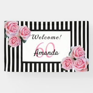 Banderoles 60e anniversaire fête noir rayures blanches floral