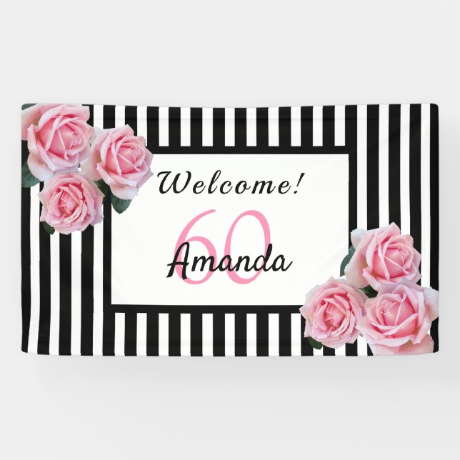 Banderoles 60e anniversaire fête noir rayures blanches floral (Horizontal)