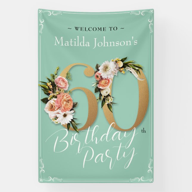 Banderoles 60e anniversaire Floral Mint or Accueil glamour (Verticale)