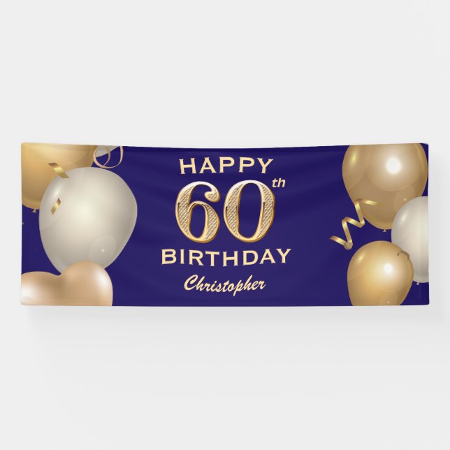 Banderoles 60e Anniversaire Marine Bleu et Ballons d'or (Horizontal)