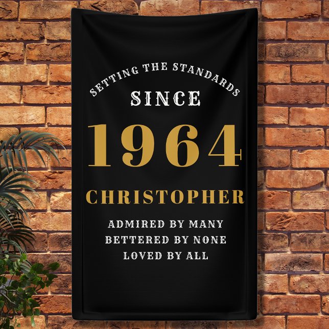 Banderoles 60e Anniversaire Né en 1964 Ajouter un nom Noir Or (60th Birthday Party Wall Banner - Customizable Black and Gold Decorative Piece)