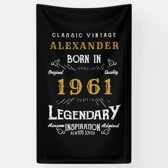 Banderoles 60e anniversaire personnalisé Né en 1961 Noir Vint (Vertical)