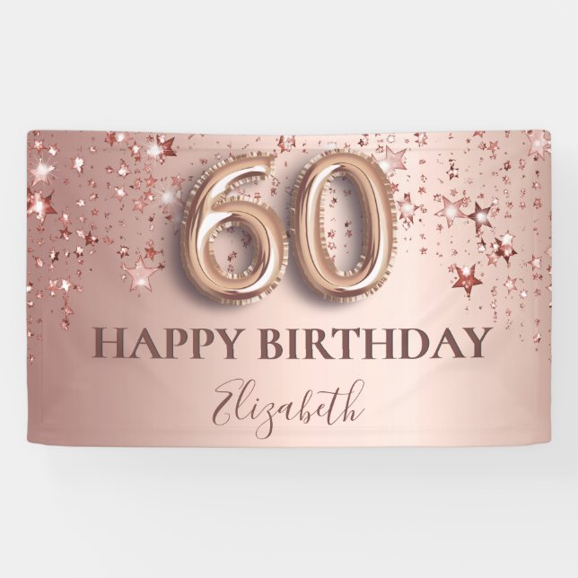 Banderoles 60e anniversaire rose or rose étoiles script ballo (Horizontal)