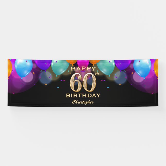 Banderoles 60e fête d'anniversaire Ballons noirs et or (Horizontal)