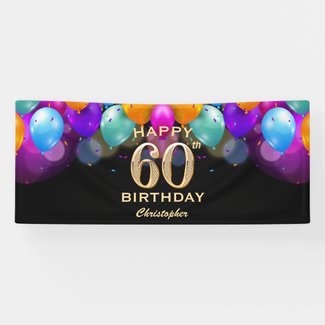 Banderoles 60e fête d'anniversaire Ballons noirs et or (Horizontal)