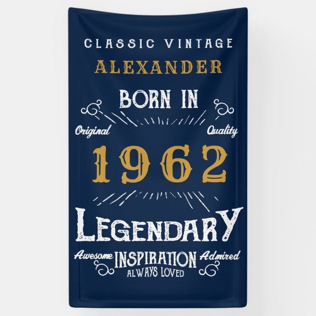 Banderoles 60th Birthday 1962 Ajouter Nom Blue Gold Legendary (Vertical)