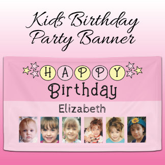Banderoles 6 photos happy birthday name kids pink party