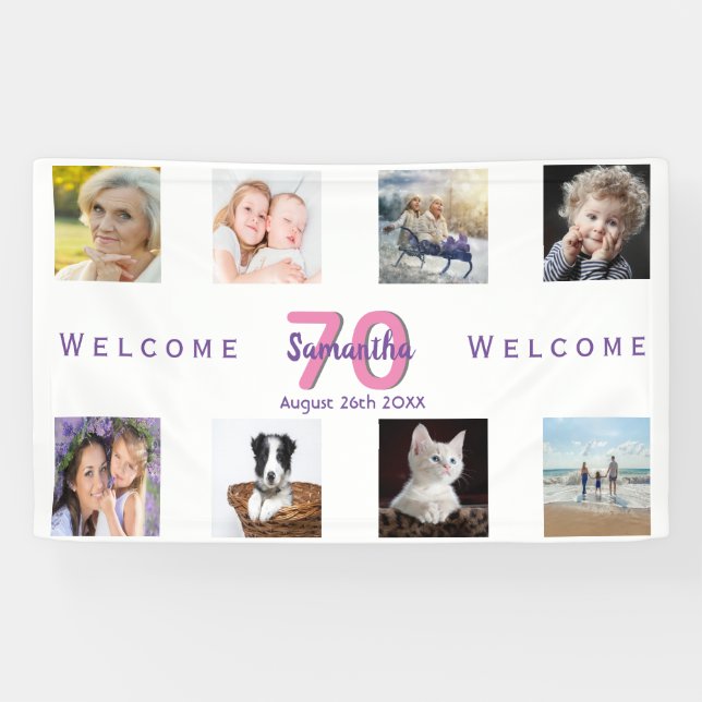 Banderoles 70e anniversaire fête photo collage femme blanc (Horizontal)