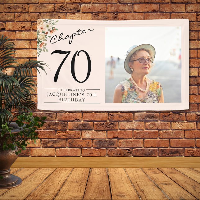 Banderoles 70e anniversaire Floral Pink Photo (Floral 70th birthday banner. Personalized with your favorite photo and custom text.)