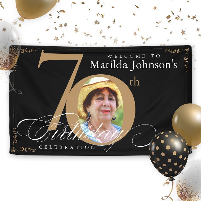 Banderoles 70e anniversaire Gold Black Calligraphy Photo pers (70th Birthday Gold Black Calligraphy Custom Photo Banner)
