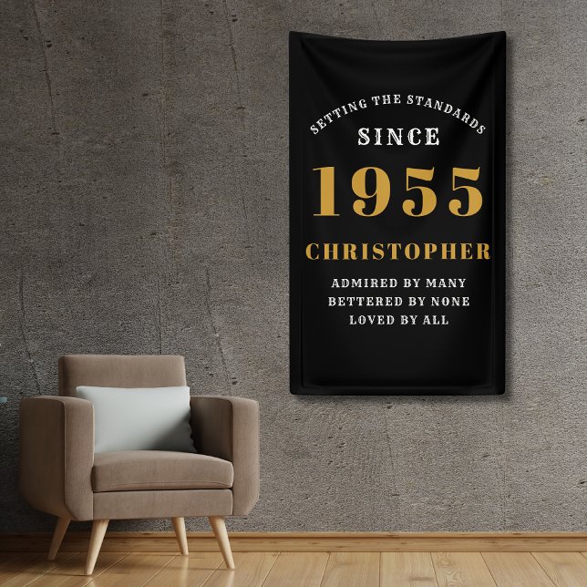 Banderoles 70e Anniversaire Né en 1955 Ajouter un nom Or Noir (70th birthday black and gold wall banner for those born in 1955. Personalize with name and year.)