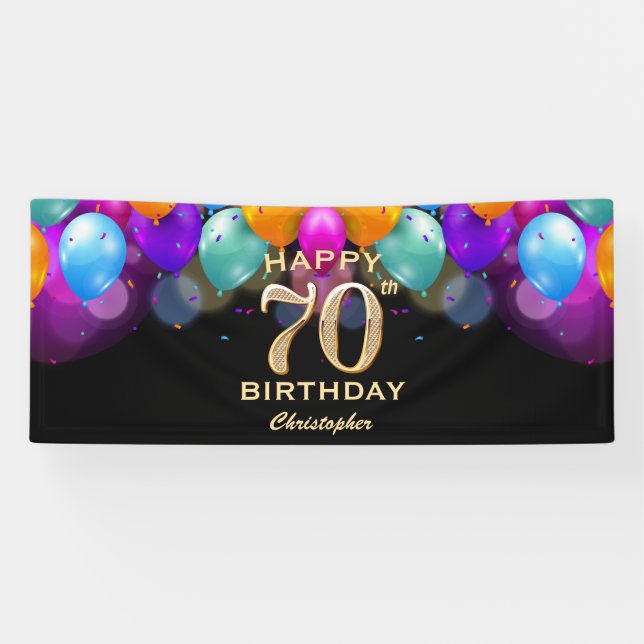 Banderoles 70e fête d'anniversaire Ballons noirs et or (Horizontal)