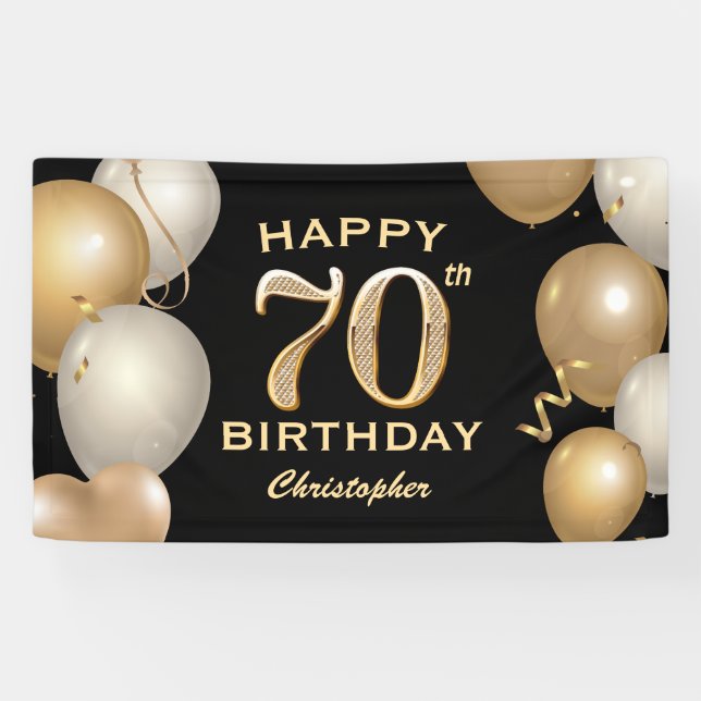 Banderoles 70e fête d'anniversaire Ballons noirs et or (Horizontal)