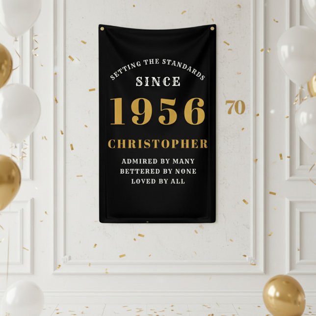 Banderoles 70th Birthday Born 1956 Add Name Black Gold (1956 birthday banner on a white wall.)