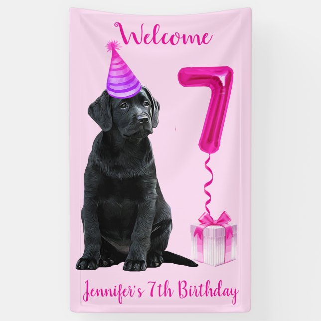 Banderoles 7e anniversaire Thème de chiot - mignon chien rose (Vertical)