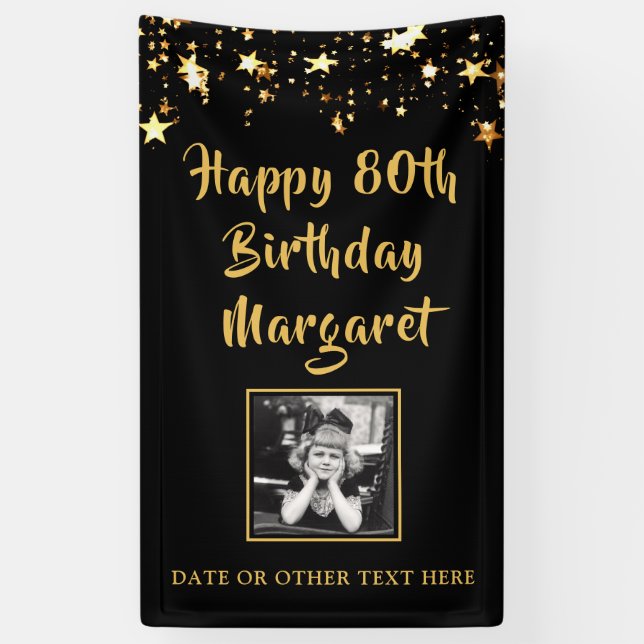 Banderoles 80e anniversaire Brush Script Gold Stars Photo Bla (Vertical)