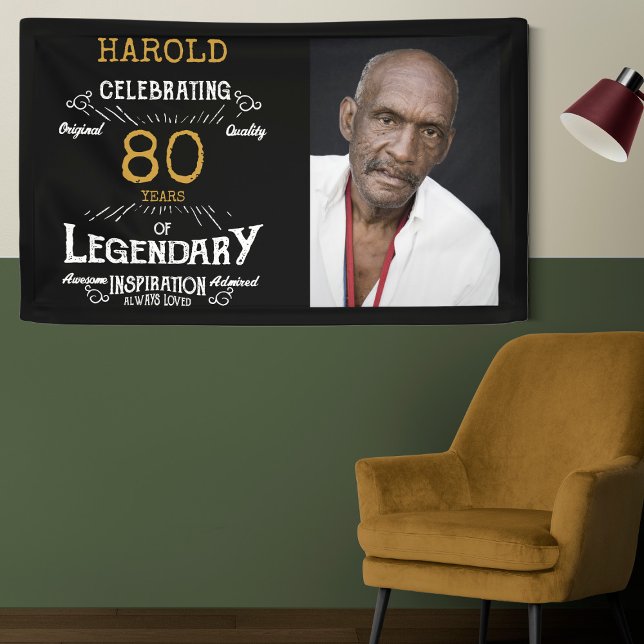 Banderoles 80e anniversaire Modèle photo légendaire (Custom 80th birthday wall banner with name and photo hanging on a two tone green wall.)