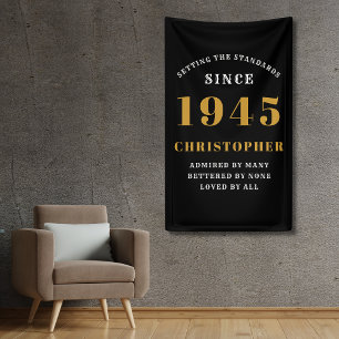 Banderoles 80e anniversaire Né en 1945 Ajouter un nom Or noir