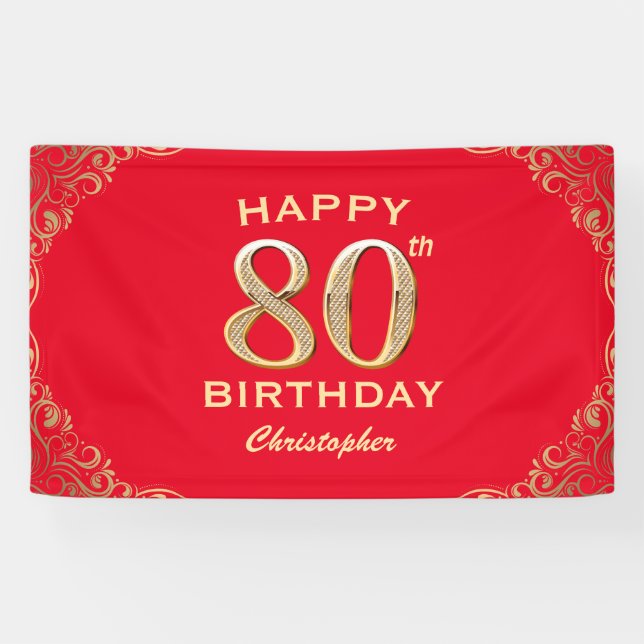 Banderoles 80e anniversaire Parties scintillant rouge et or (Horizontal)