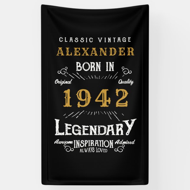 Banderoles 80e anniversaire personnalisé Né en 1942 Noir Vint (Vertical)