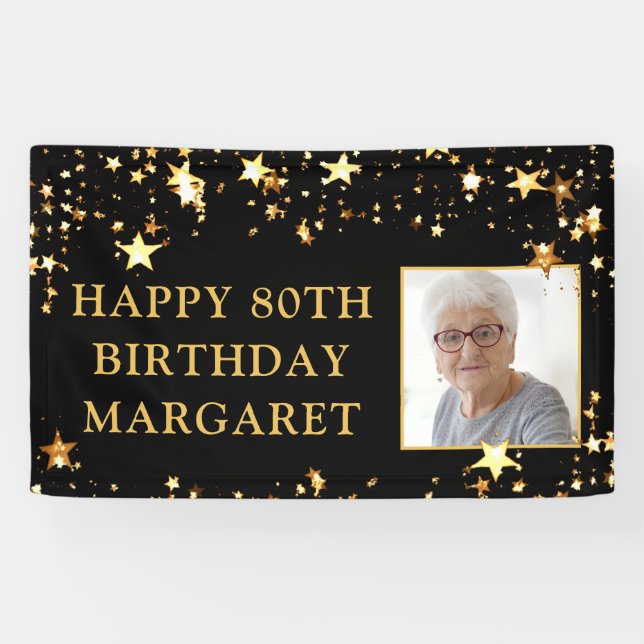 Banderoles 80e anniversaire Photo Black Gold Stars Personnali (Horizontal)