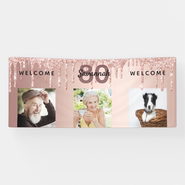 Banderoles 80e anniversaire photo rose or parties scintillant (Horizontal)