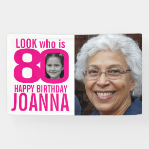 Banderoles 80e anniversaire rose look 80 photo personnalisée 