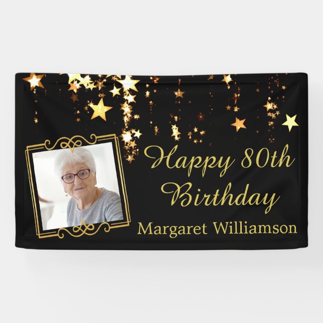 Banderoles 80e anniversaire Script Black Gold Stars Nom photo (Horizontal)