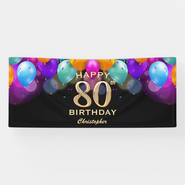 Banderoles 80e fête d'anniversaire Ballons noirs et or (Horizontal)