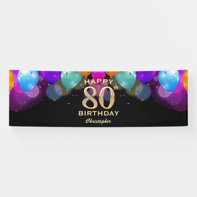 Banderoles 80e fête d'anniversaire Ballons noirs et or (Horizontal)