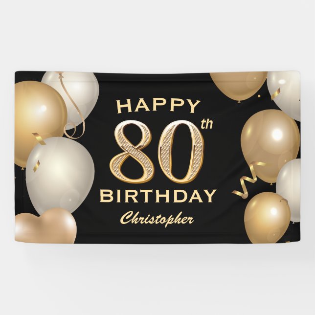 Banderoles 80e fête d'anniversaire Ballons noirs et or (Horizontal)