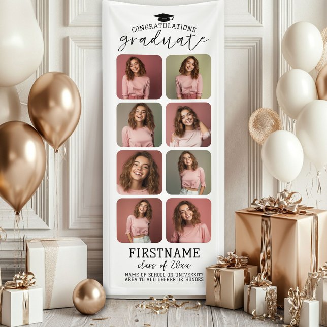 Banderoles 8 Collage Photo Diplôme Moderne Minimaliste Blanc (Custom Graduation Photo Banner - Great backdrop and Graduation Party Decoration)