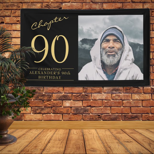 Banderoles 90e anniversaire Black Gold Photo (Make that 90th birthday party really special with a unique personalized black and gold wall banner.)