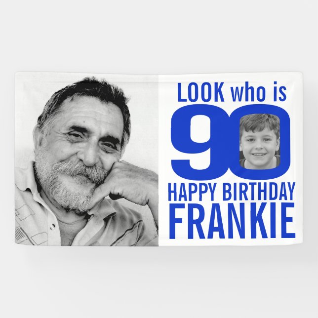 Banderoles 90e anniversaire bleu look 90 photo personnalisée  (Horizontal)
