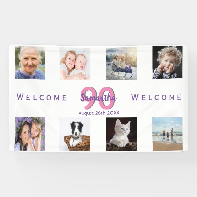 Banderoles 90e anniversaire de fête photo collage femme blanc (Horizontal)