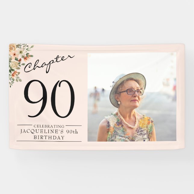 Banderoles 90e anniversaire Floral Pink Photo (Horizontal)