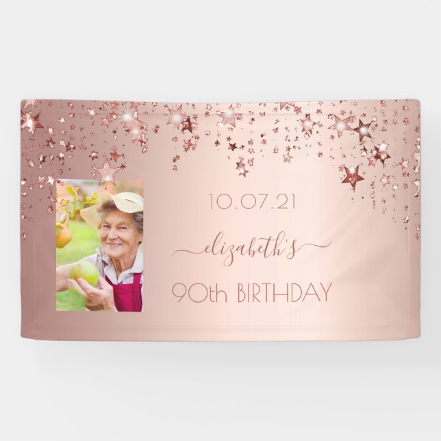 Banderoles 90e anniversaire photo rose or rose étoiles (Horizontal)