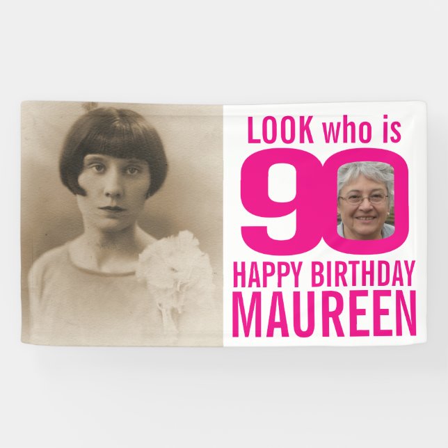 Banderoles 90e anniversaire rose look 90 photo personnalisée  (Horizontal)