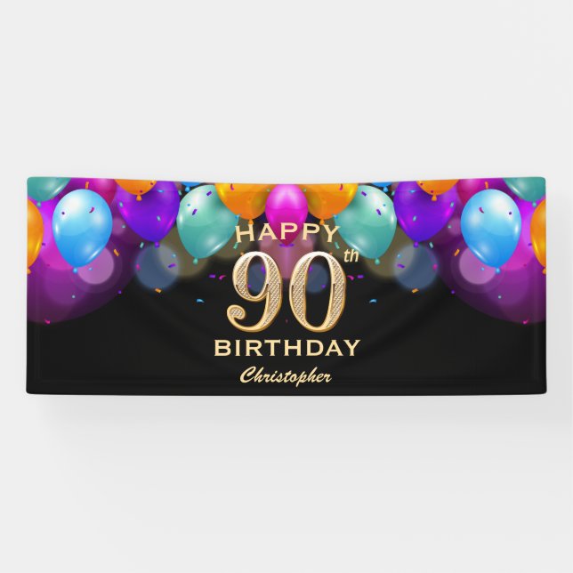 Banderoles 90e fête d'anniversaire Ballons noirs et or (Horizontal)