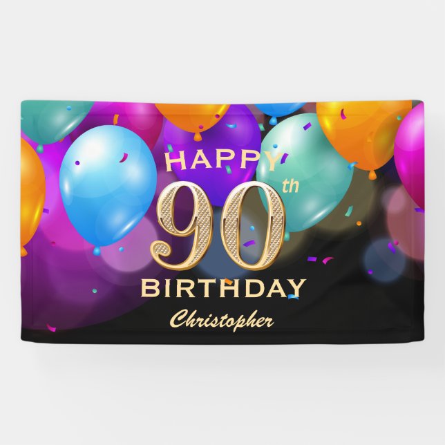 Banderoles 90e fête d'anniversaire Ballons noirs et or (Horizontal)