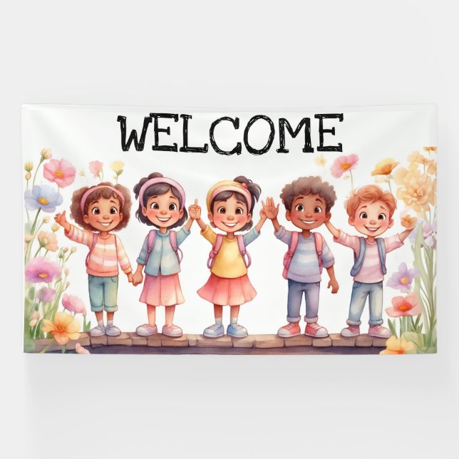 Banderoles Accueil ; Enfants avec fleurs (Horizontal)