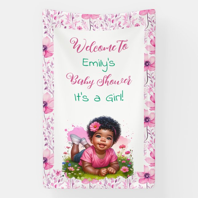 Banderoles Accueil personnalisé Baby shower floral de fille (Verticale)