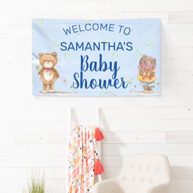 Banderoles Adorable Bleu Aquarelle Ours Baby shower garçon (En situation)