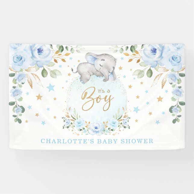 Banderoles Adorable Elephant bleu Floral Boy Baby shower (Horizontal)