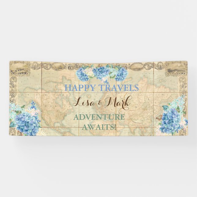 Banderoles Adventure Await Vintage World Map Blue Hydrangeas (Horizontal)
