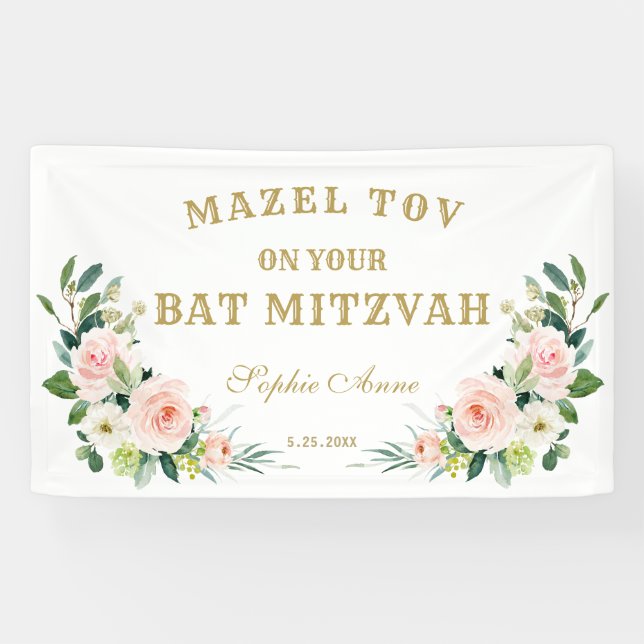 Banderoles Affiche de bienvenue Bat mitzvah de fleurs rose cr (Horizontal)