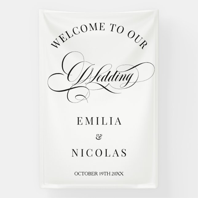 Banderoles Affiche de bienvenue Mariage blanc et noir classiq (Verticale)